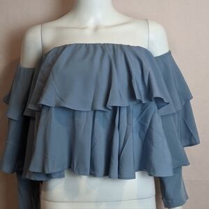 Boohoo Blue Off Shoulder Long Sleeve Ruffle Top